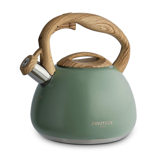 Poliviar Tea Kettle, 2.7 Quart Seaweed Green Finish with Wood Pattern Handle Loud Whistle Food Grade Stainless Steel Teapot