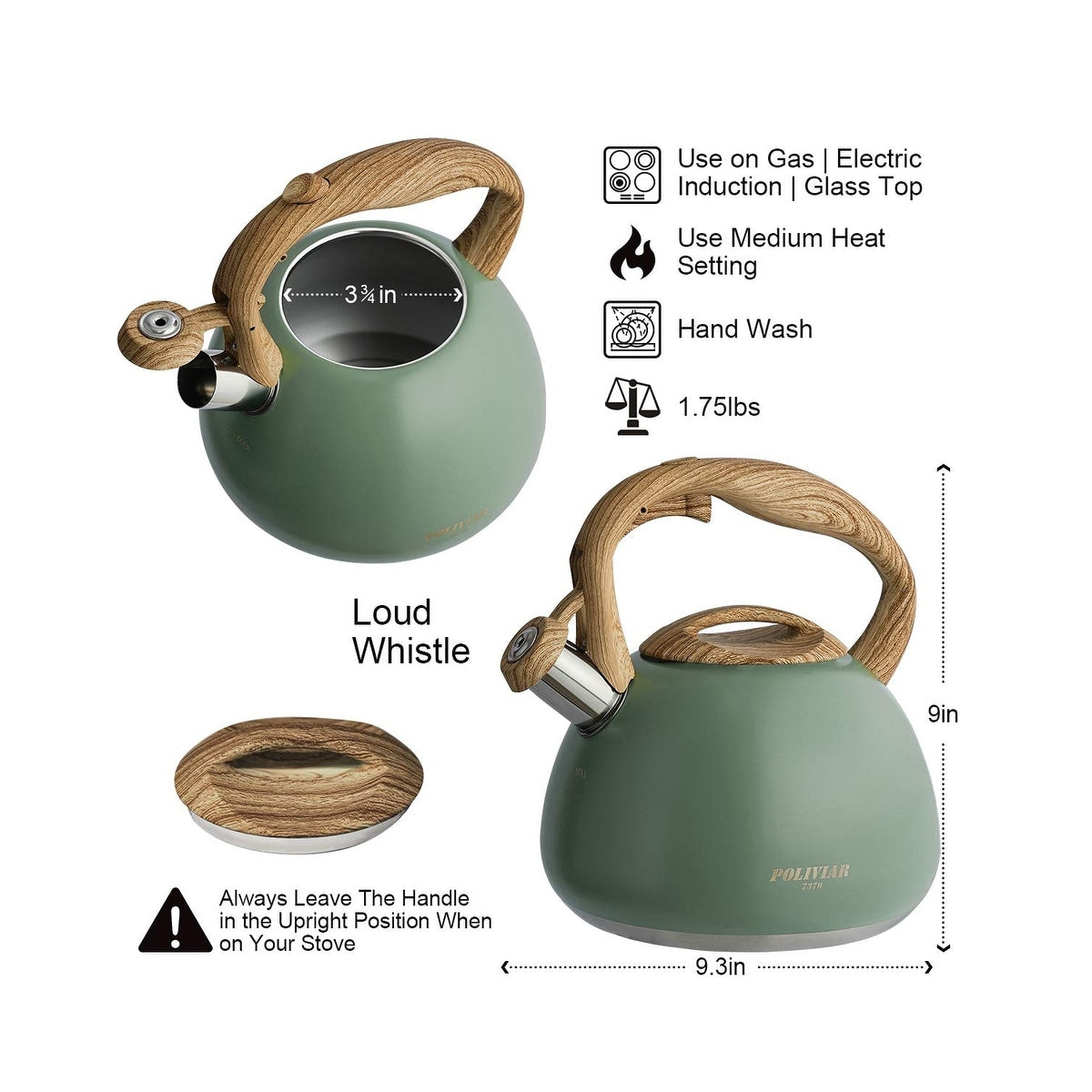 Poliviar Tea Kettle, 2.7 Quart Seaweed Green Finish with Wood Pattern Handle Loud Whistle Food Grade Stainless Steel Teapot