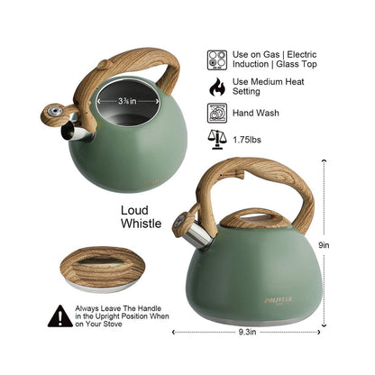 Poliviar Tea Kettle, 2.7 Quart Seaweed Green Finish with Wood Pattern Handle Loud Whistle Food Grade Stainless Steel Teapot