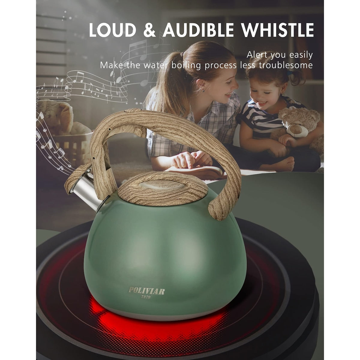 Poliviar Tea Kettle, 2.7 Quart Seaweed Green Finish with Wood Pattern Handle Loud Whistle Food Grade Stainless Steel Teapot