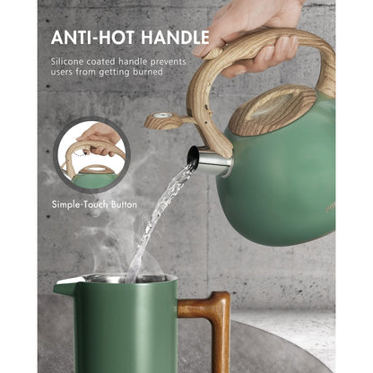 Poliviar Tea Kettle, 2.7 Quart Seaweed Green Finish with Wood Pattern Handle Loud Whistle Food Grade Stainless Steel Teapot