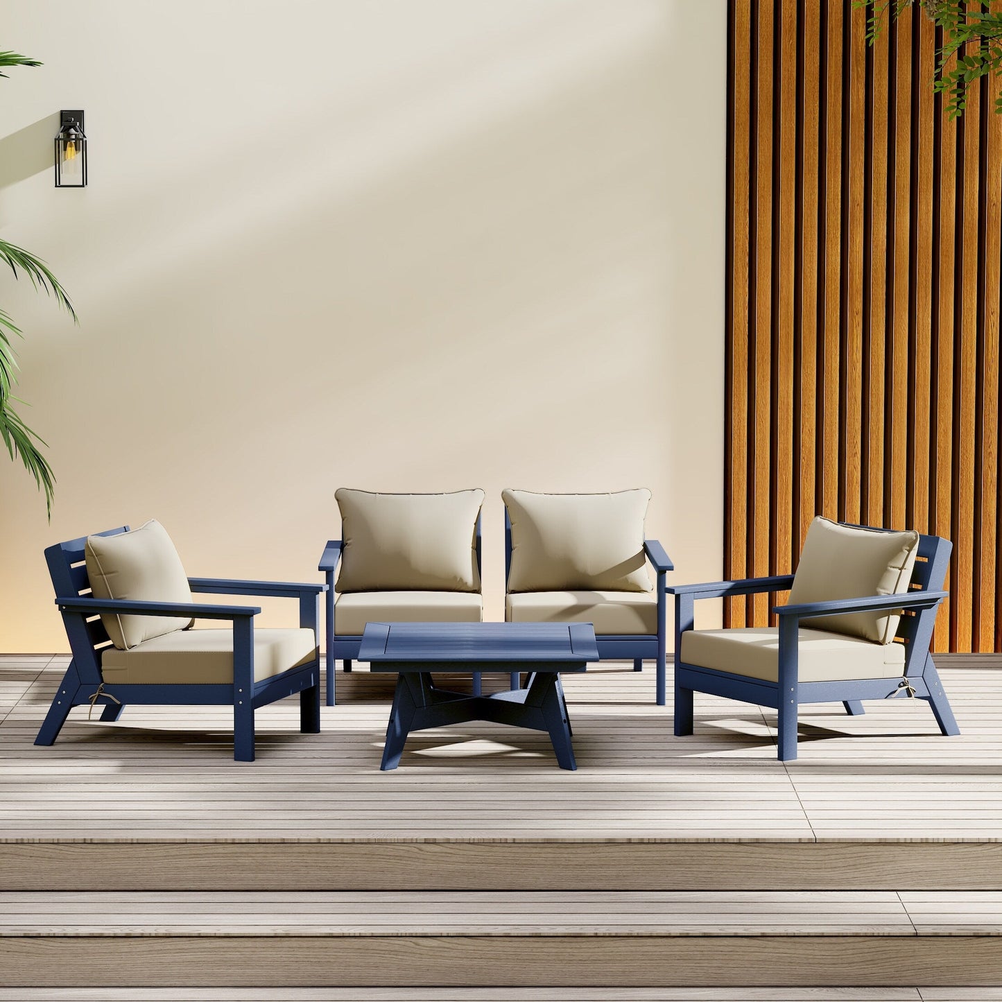 Polytrends Birchwood All Weather HDPE Outdoor Patio Navy Blue Deep Seating Conversation Set (5-Piece Set)