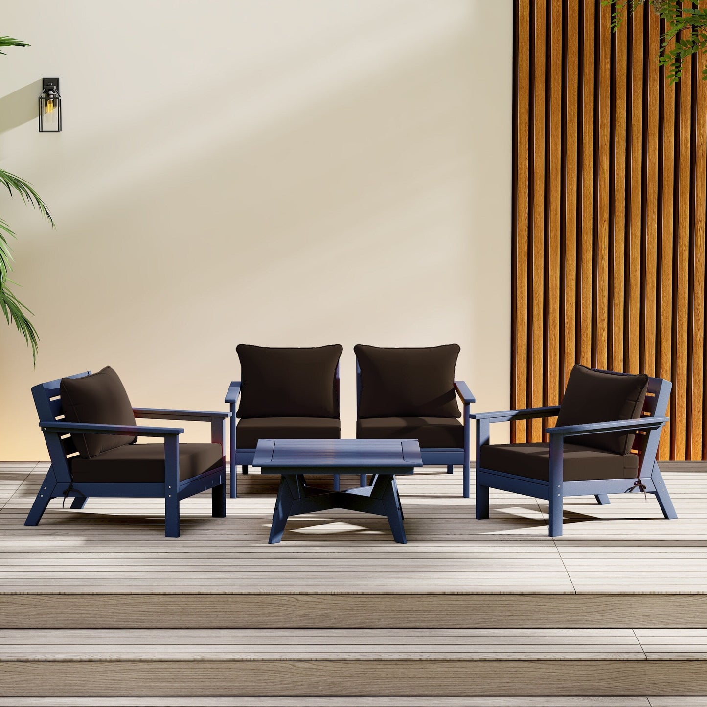 Polytrends Birchwood All Weather HDPE Outdoor Patio Navy Blue Deep Seating Conversation Set (5-Piece Set)