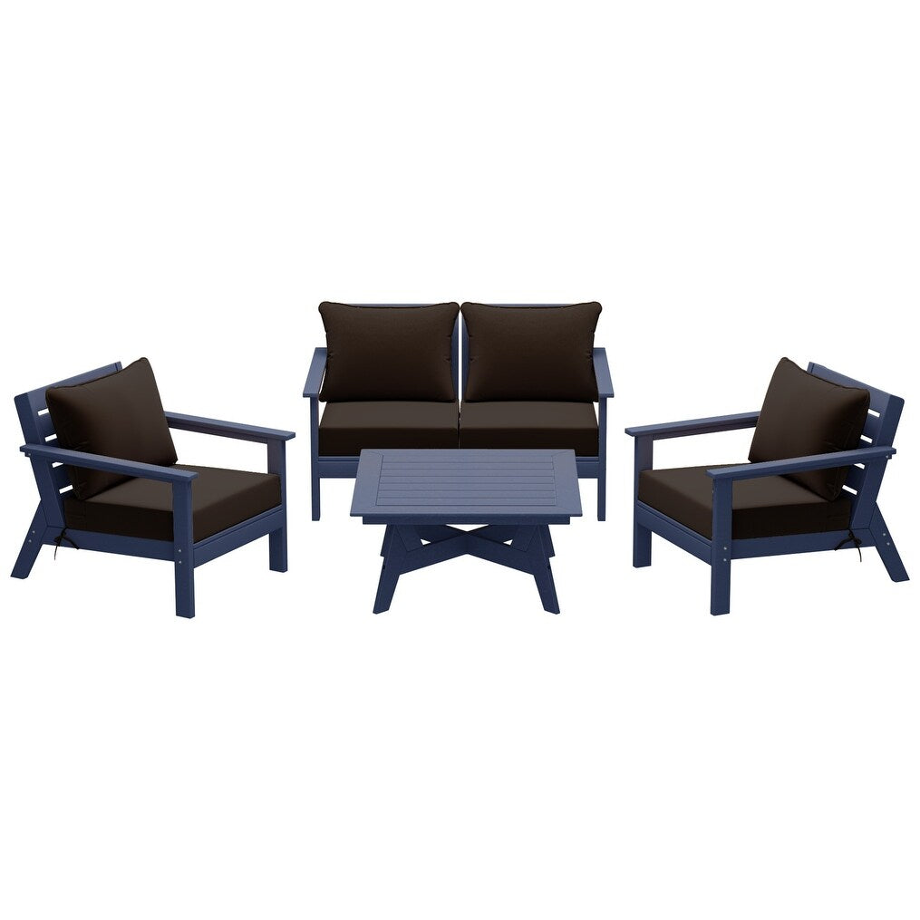 Polytrends Birchwood All Weather HDPE Outdoor Patio Navy Blue Deep Seating Conversation Set (5-Piece Set)
