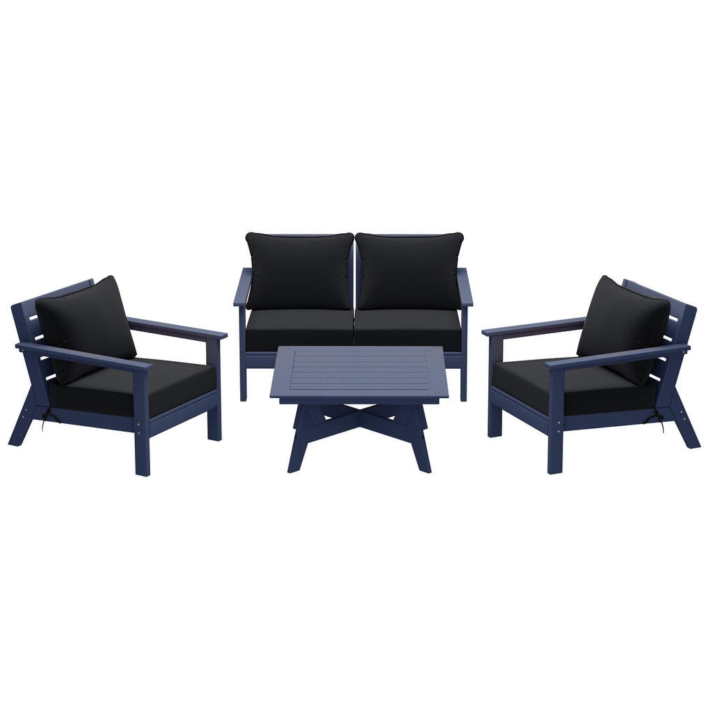 Polytrends Birchwood All Weather HDPE Outdoor Patio Navy Blue Deep Seating Conversation Set (5-Piece Set)
