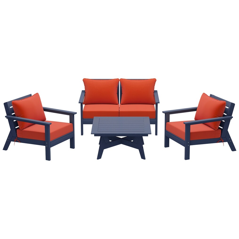 Polytrends Birchwood All Weather HDPE Outdoor Patio Navy Blue Deep Seating Conversation Set (5-Piece Set)
