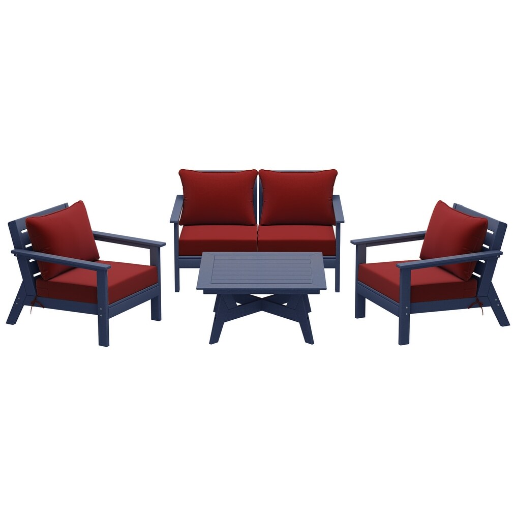 Polytrends Birchwood All Weather HDPE Outdoor Patio Navy Blue Deep Seating Conversation Set (5-Piece Set)