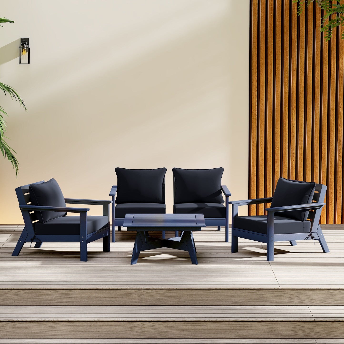 Polytrends Birchwood All Weather HDPE Outdoor Patio Navy Blue Deep Seating Conversation Set (5-Piece Set)