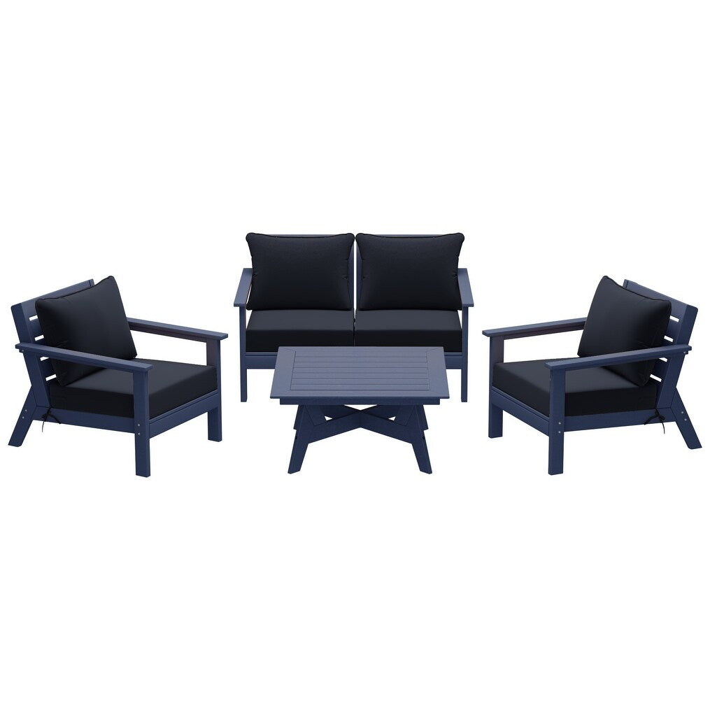 Polytrends Birchwood All Weather HDPE Outdoor Patio Navy Blue Deep Seating Conversation Set (5-Piece Set)
