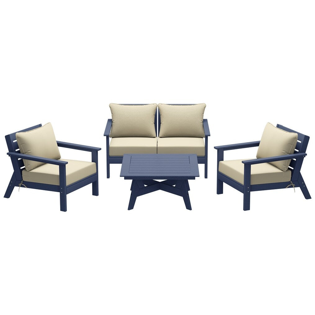 Polytrends Birchwood All Weather HDPE Outdoor Patio Navy Blue Deep Seating Conversation Set (5-Piece Set)