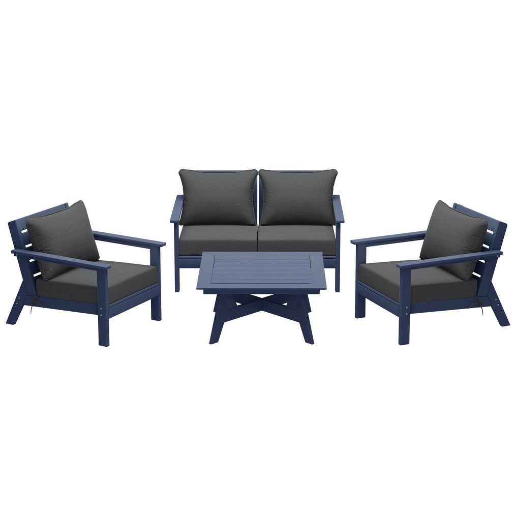 Polytrends Birchwood All Weather HDPE Outdoor Patio Navy Blue Deep Seating Conversation Set (5-Piece Set)