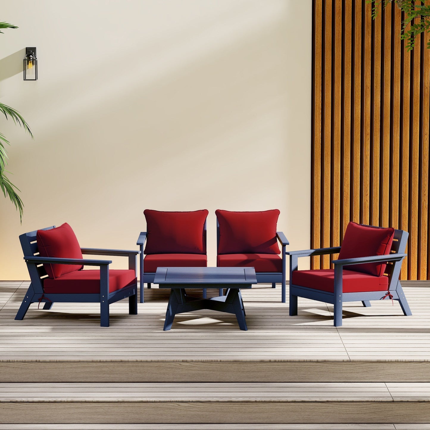 Polytrends Birchwood All Weather HDPE Outdoor Patio Navy Blue Deep Seating Conversation Set (5-Piece Set)