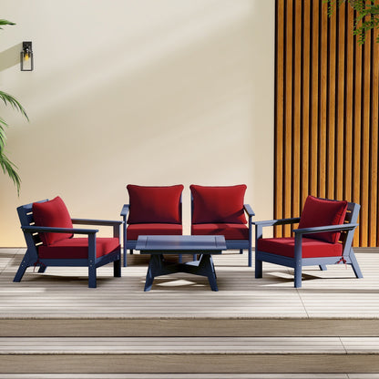 Polytrends Birchwood All Weather HDPE Outdoor Patio Navy Blue Deep Seating Conversation Set (5-Piece Set)