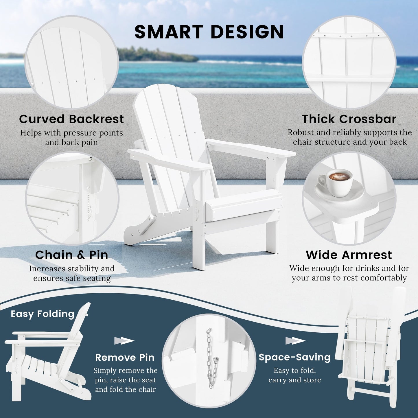 Polytrends Laguna Fade Resistant All Weather Outdoor Patio Folding Adirondack Chair
