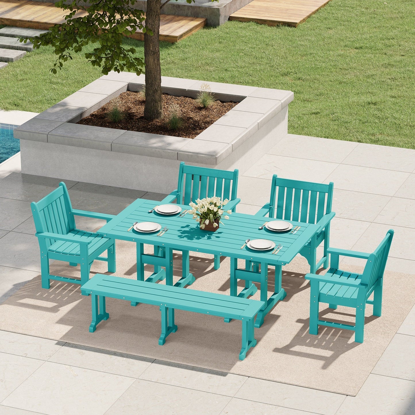 Polytrends Laguna 6-Piece Outdoor Patio Rectangle Table Garden Arm Chair Dining Set With Bench