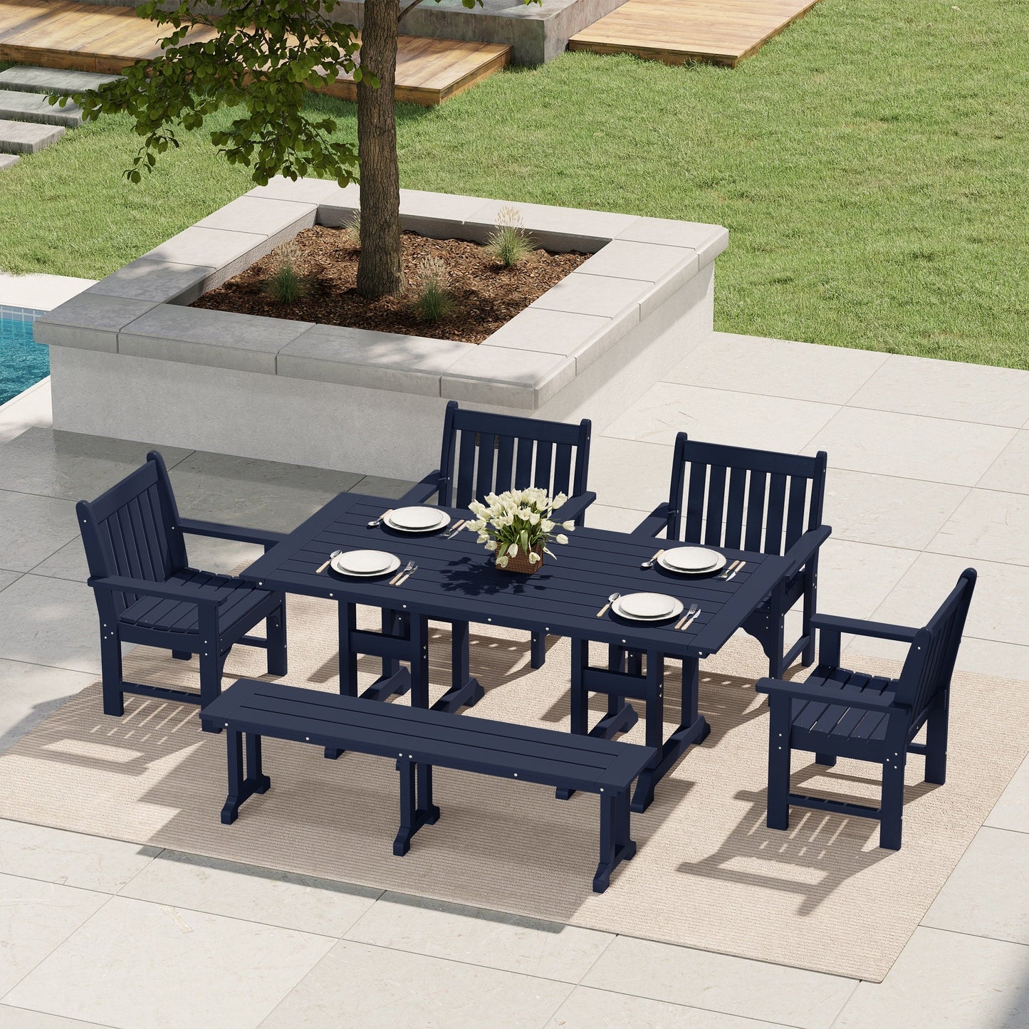 Polytrends Laguna 6-Piece Outdoor Patio Rectangle Table Garden Arm Chair Dining Set With Bench