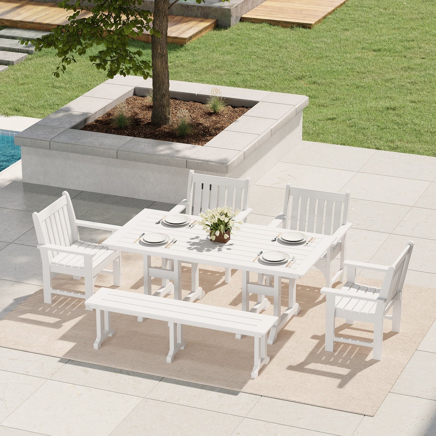Polytrends Laguna 6-Piece Outdoor Patio Rectangle Table Garden Arm Chair Dining Set With Bench