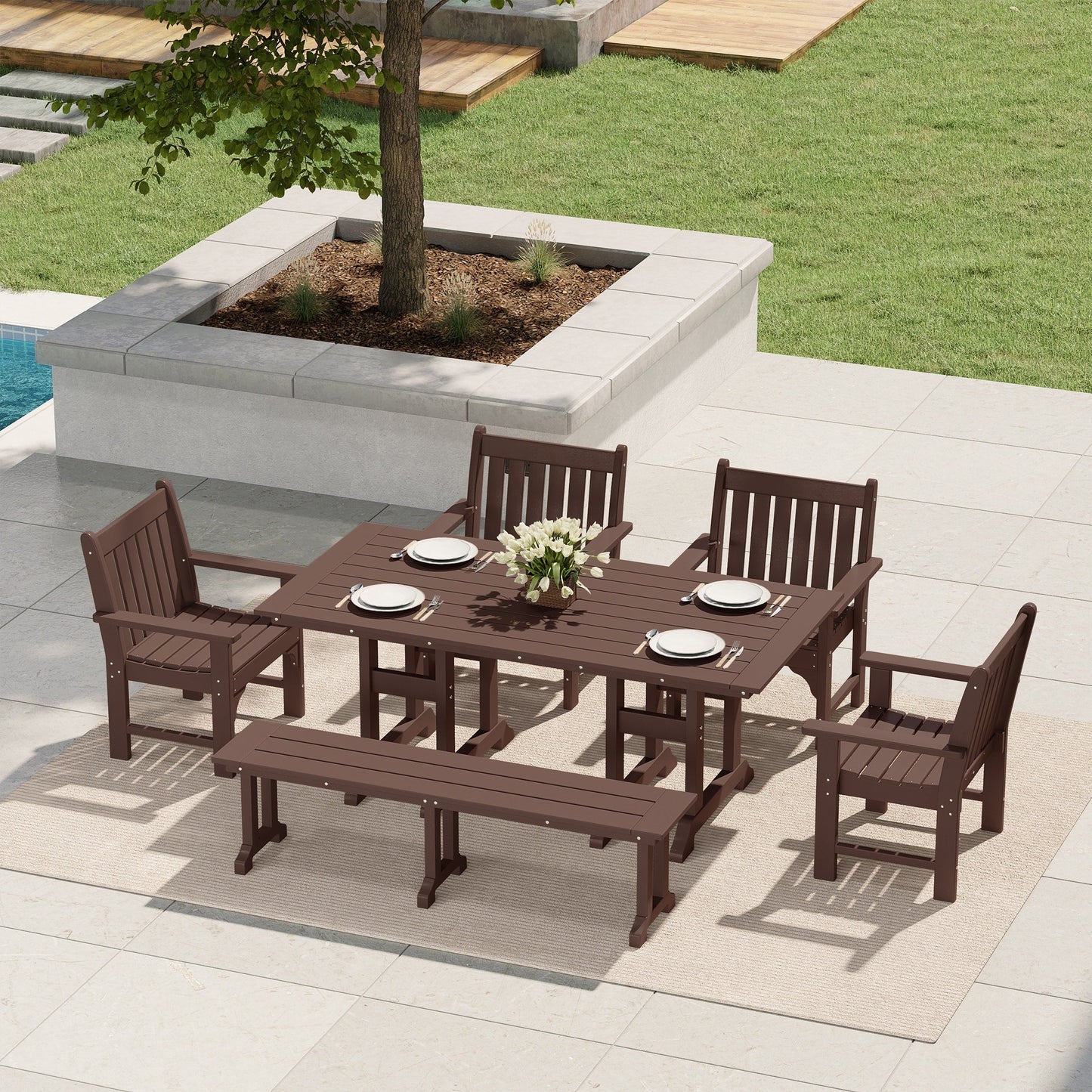 Polytrends Laguna 6-Piece Outdoor Patio Rectangle Table Garden Arm Chair Dining Set With Bench