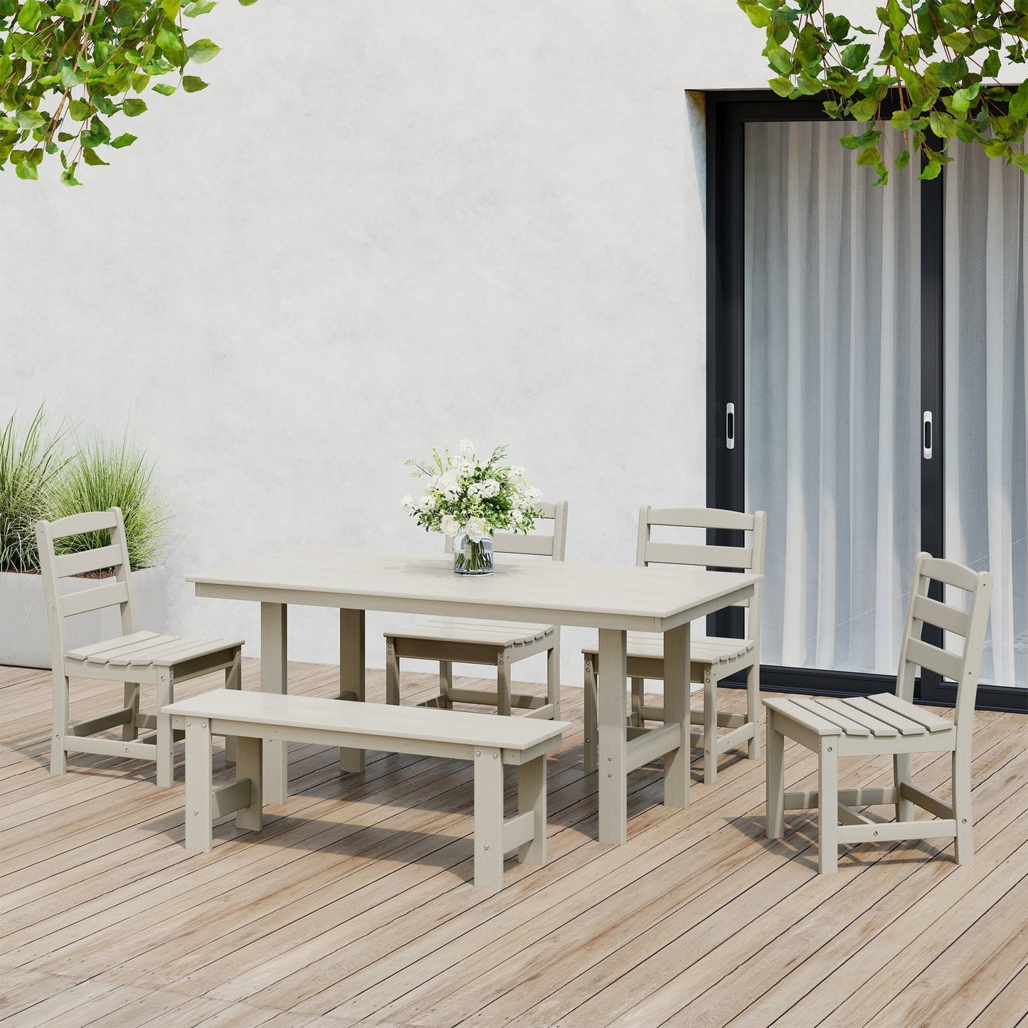 Polytrends Shoreside 6-Piece Side Chair Dining Set With Bench