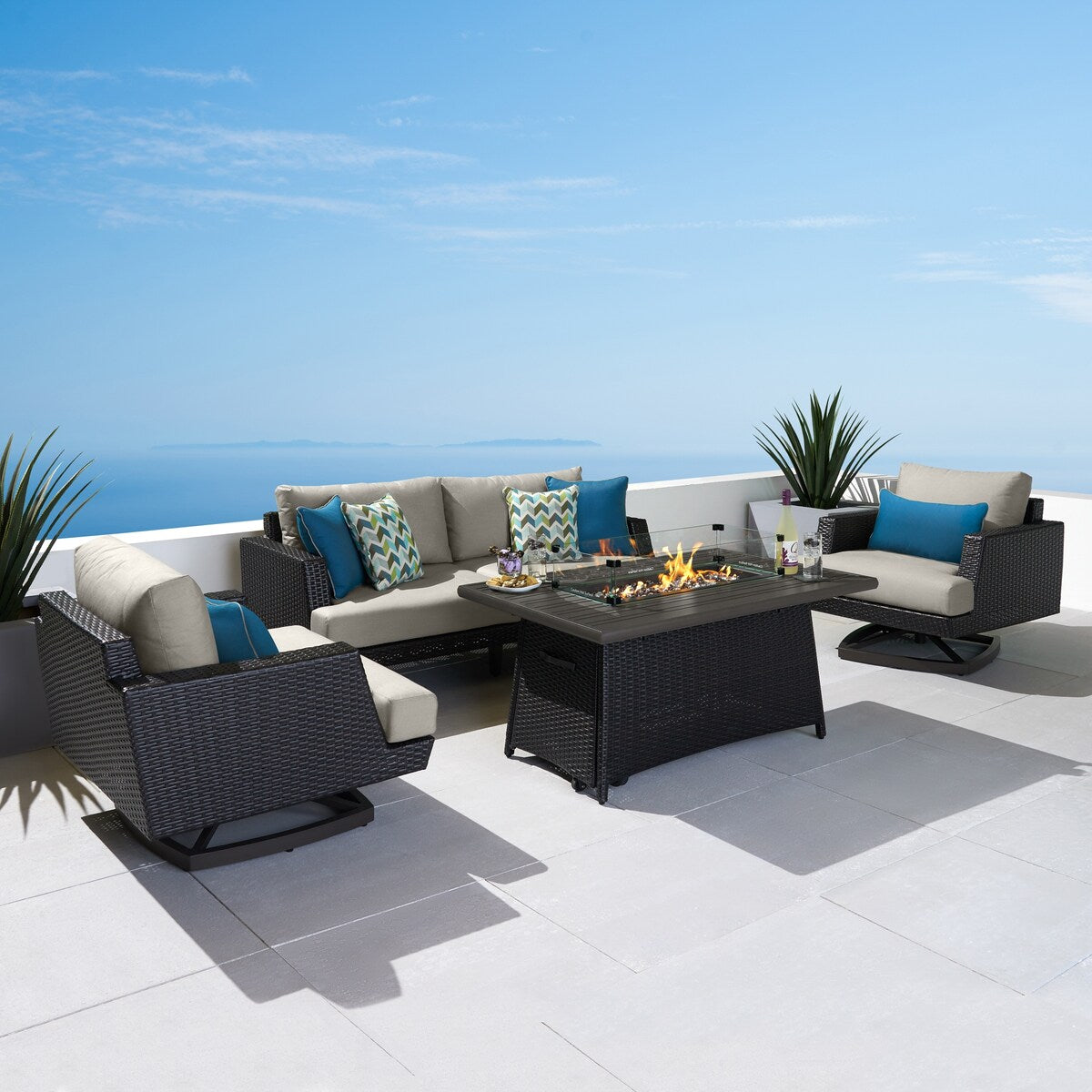 Portofino Casual 4 Piece Sunbrella Outdoor Patio Motion Fire Seating Set