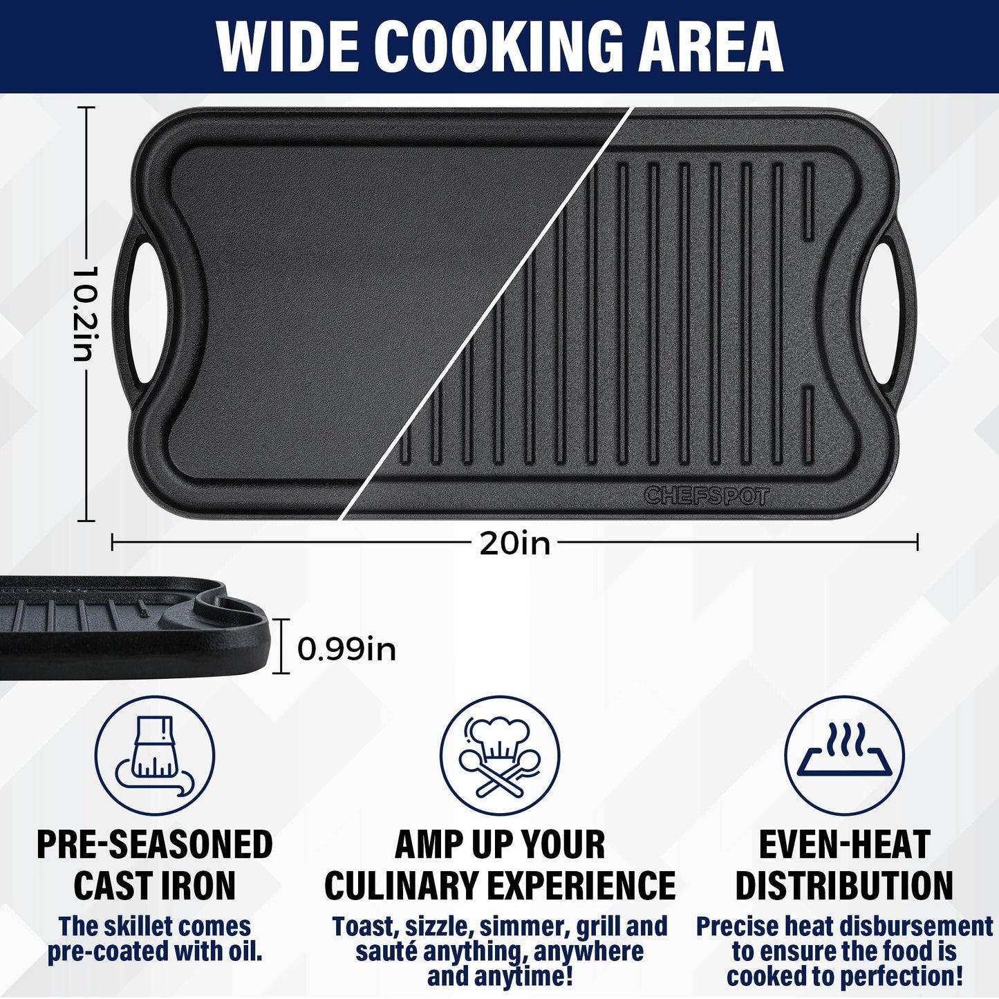 20 Preseasoned Cast Iron Reversible Griddle Plate Pan - 20 Inch