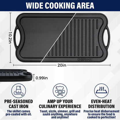 20 Preseasoned Cast Iron Reversible Griddle Plate Pan - 20 Inch