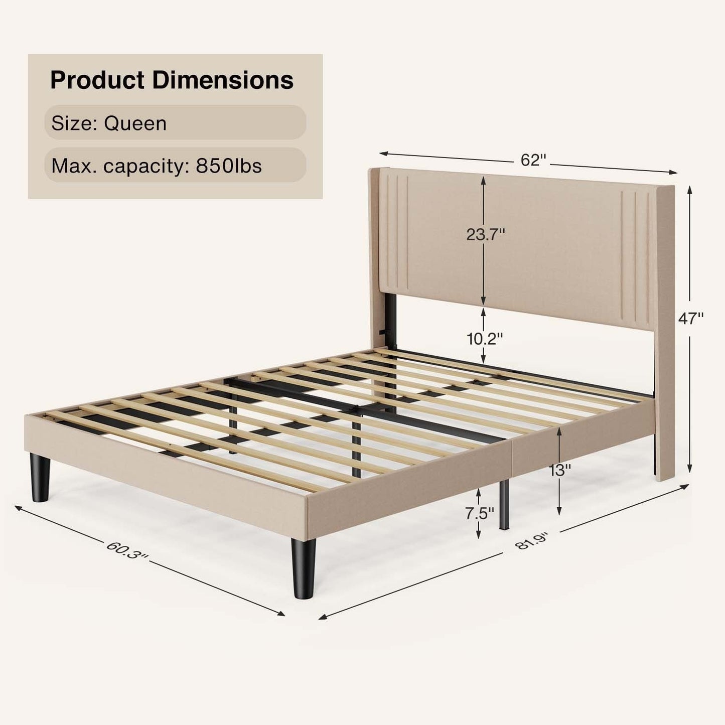 Queen/ Full Vertical Channels Upholstered Bed with Wingback Headboard