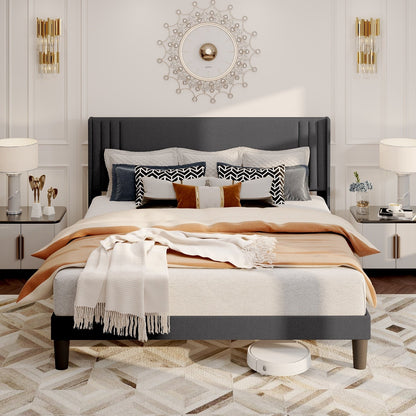 Queen/ Full Vertical Channels Upholstered Bed with Wingback Headboard