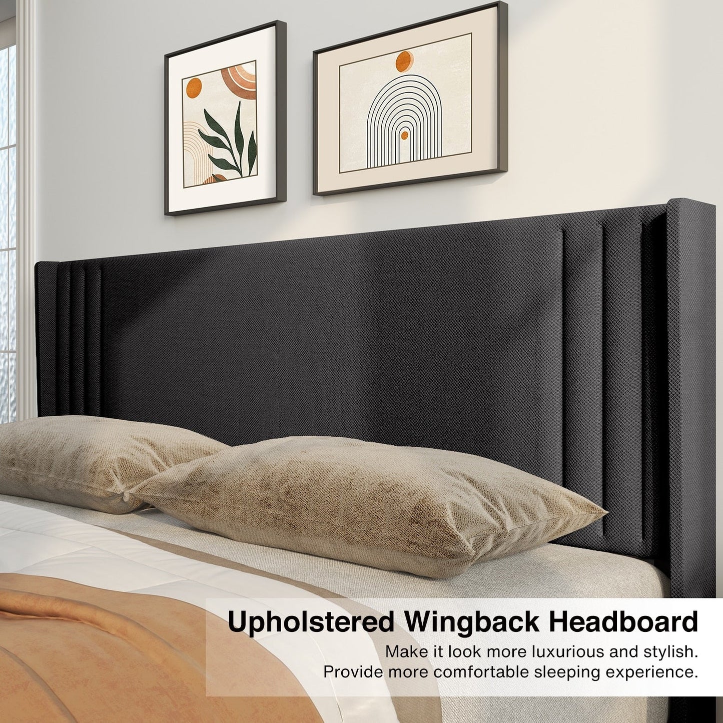 Queen/ Full Vertical Channels Upholstered Bed with Wingback Headboard