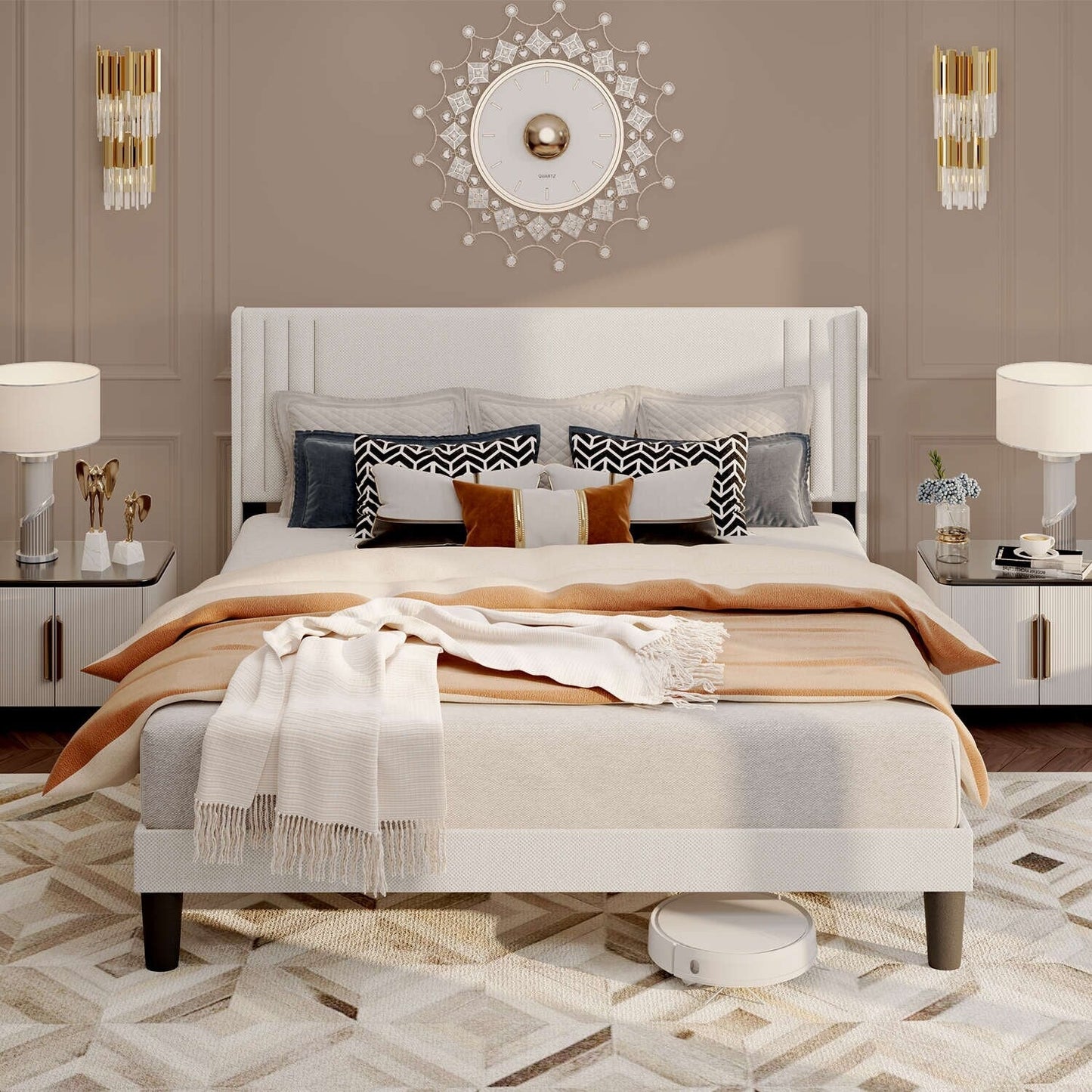 Queen/ Full Vertical Channels Upholstered Bed with Wingback Headboard