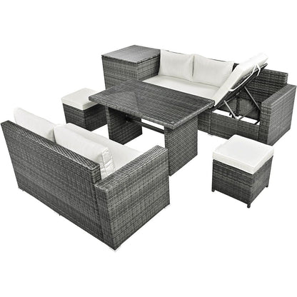 6-Piece PE Rattan Patio Sofa Set with Storage & Adjustable Seats