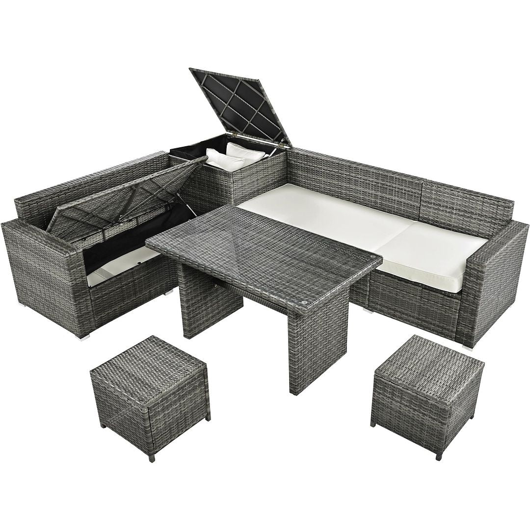 6-Piece PE Rattan Patio Sofa Set with Storage & Adjustable Seats