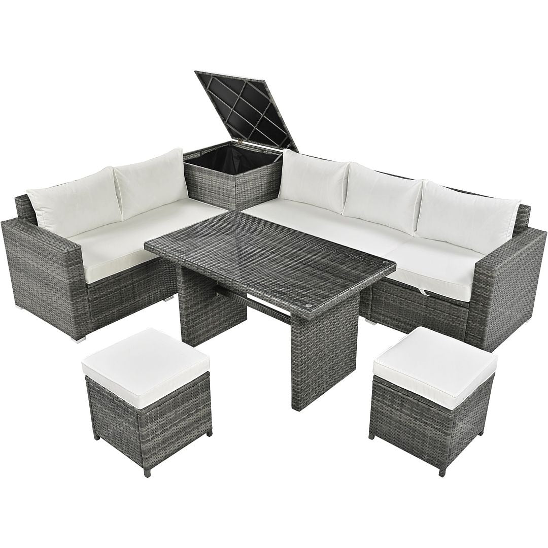 6-Piece PE Rattan Patio Sofa Set with Storage & Adjustable Seats