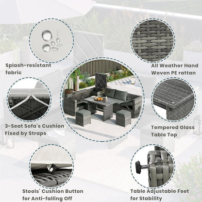 6-Piece PE Rattan Patio Sofa Set with Storage & Adjustable Seats