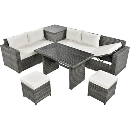6-Piece PE Rattan Patio Sofa Set with Storage & Adjustable Seats