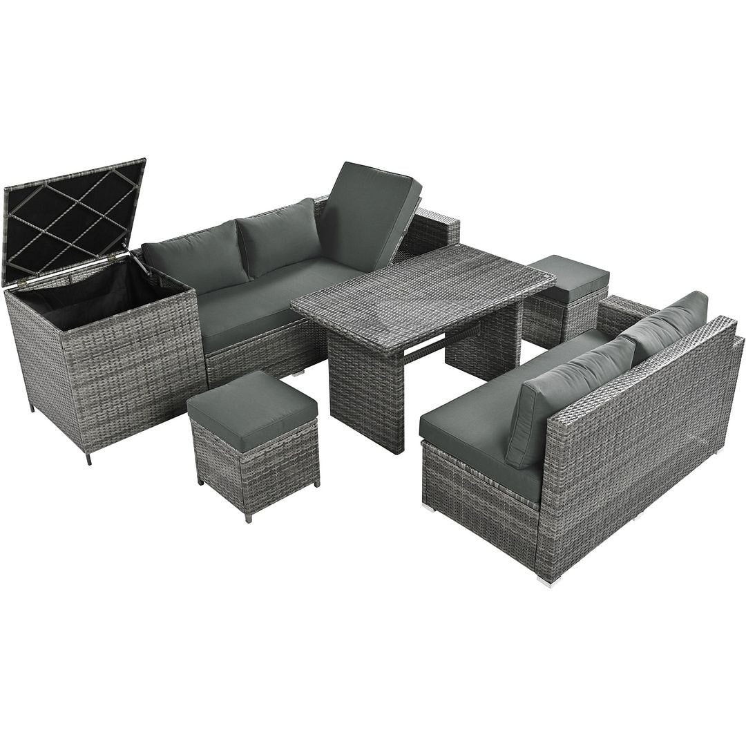 6-Piece PE Rattan Patio Sofa Set with Storage & Adjustable Seats