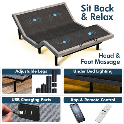 Renanim Adjustable Full Bed Frame with Hybrid Mattress, Dual Massage, USB Ports, App, Remote