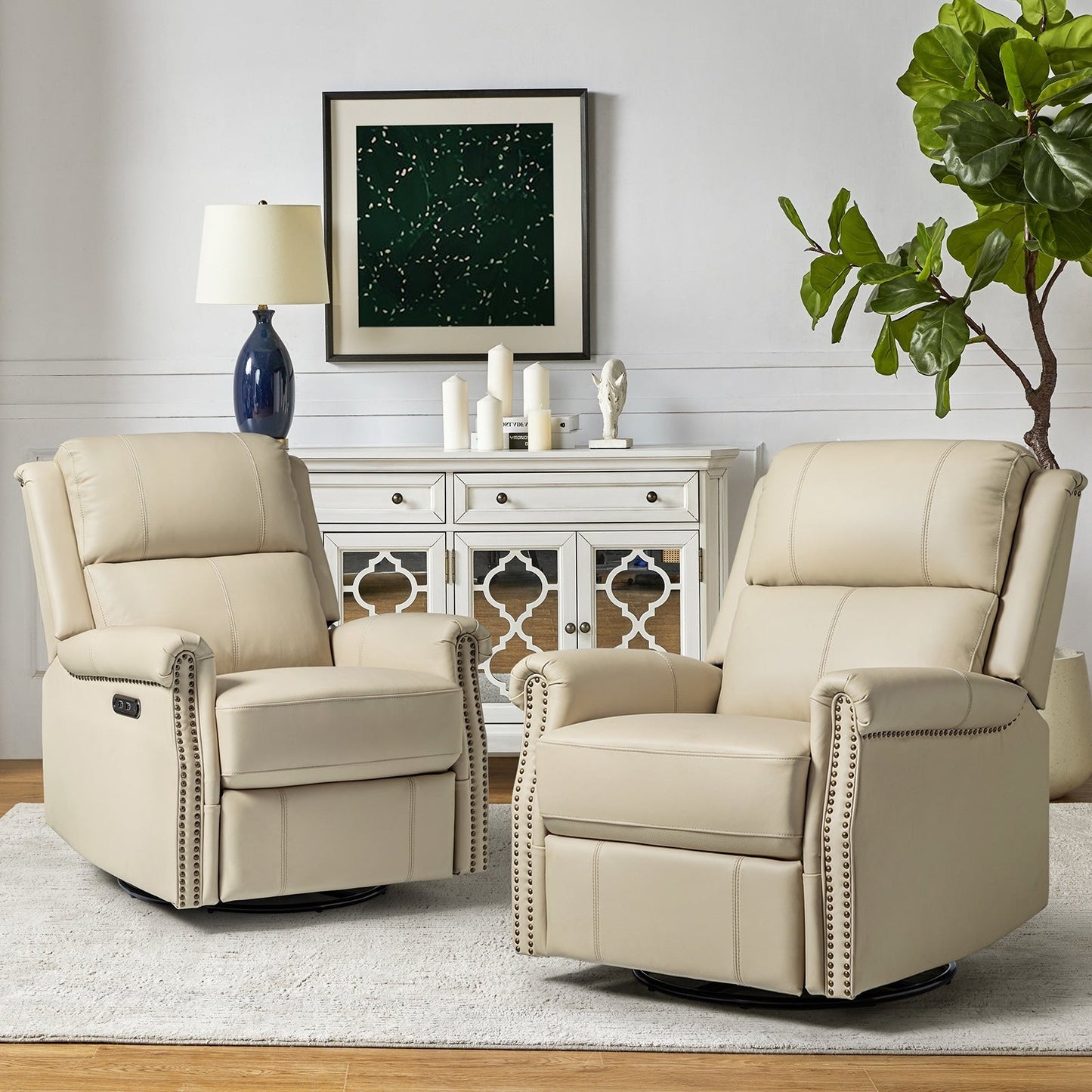 Renato Traditional Genuine Leather Nailhead Power Swivel Recliner Chair with Metal Base Set of 2 by HULALA HOME
