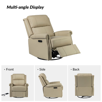 Renato Traditional Genuine Leather Nailhead Power Swivel Recliner Chair with Metal Base Set of 2 by HULALA HOME