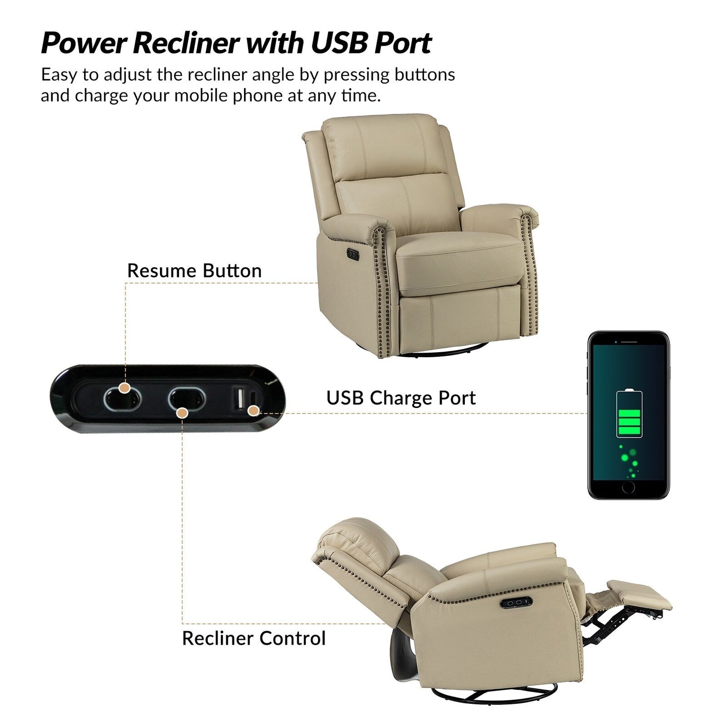 Renato Traditional Genuine Leather Nailhead Power Swivel Recliner Chair with Metal Base Set of 2 by HULALA HOME