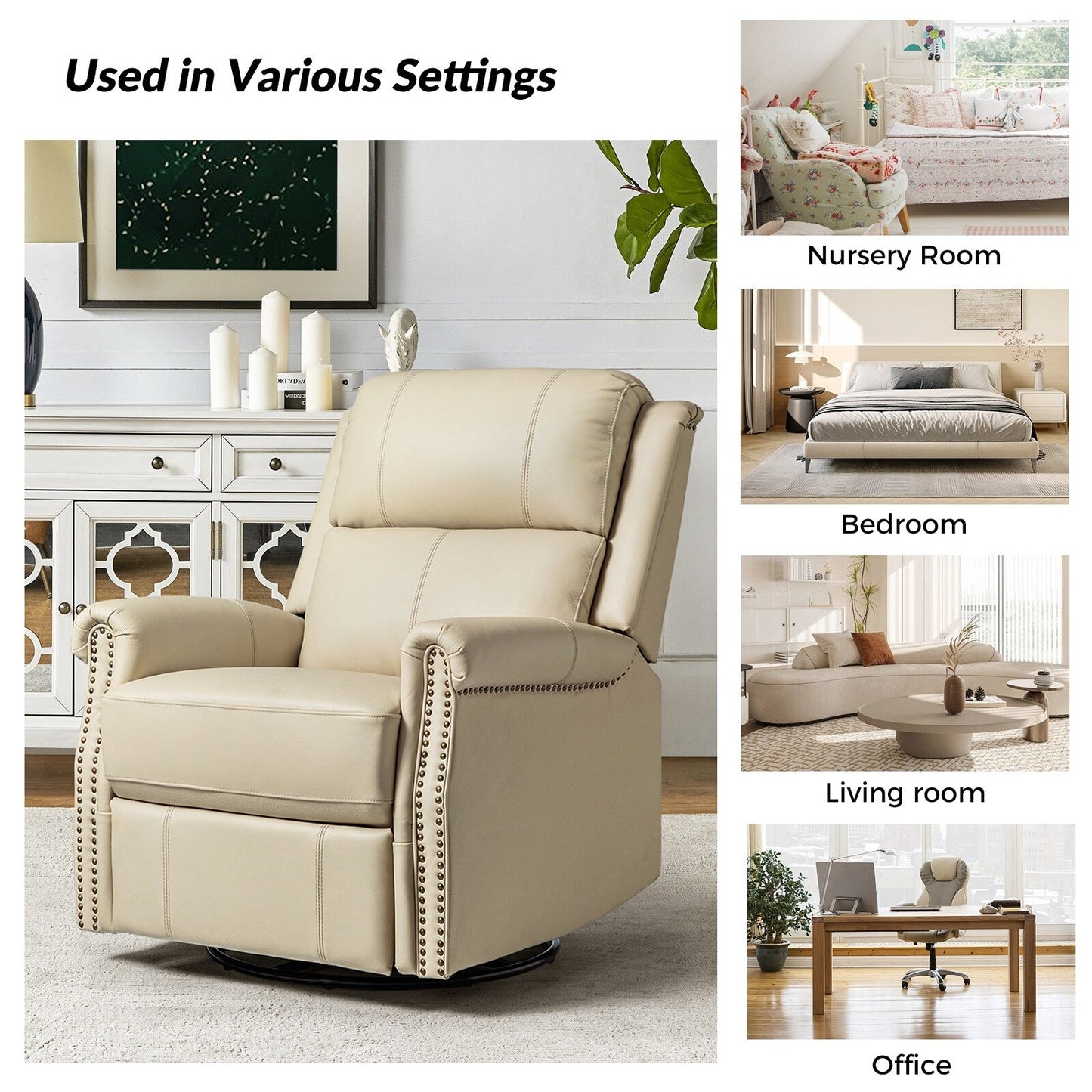 Renato Traditional Genuine Leather Nailhead Power Swivel Recliner Chair with Metal Base Set of 2 by HULALA HOME