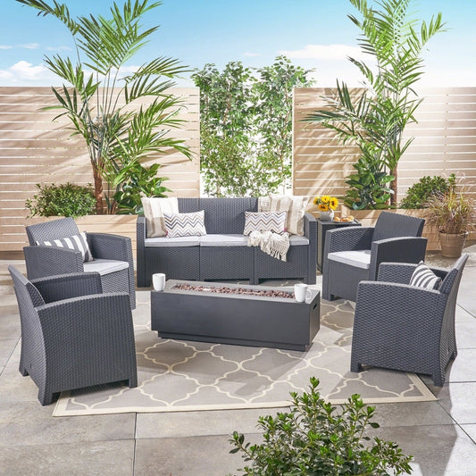 Rensing Outdoor 7-Seater Wicker Print Chat Set with Fire Pit and Tank Holder by Christopher Knight Home