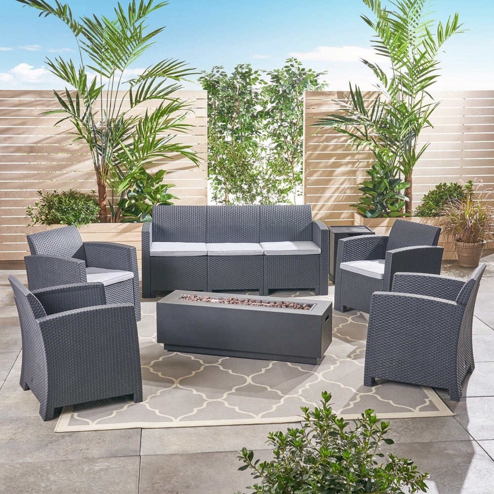 Rensing Outdoor 7-Seater Wicker Print Chat Set with Fire Pit and Tank Holder by Christopher Knight Home