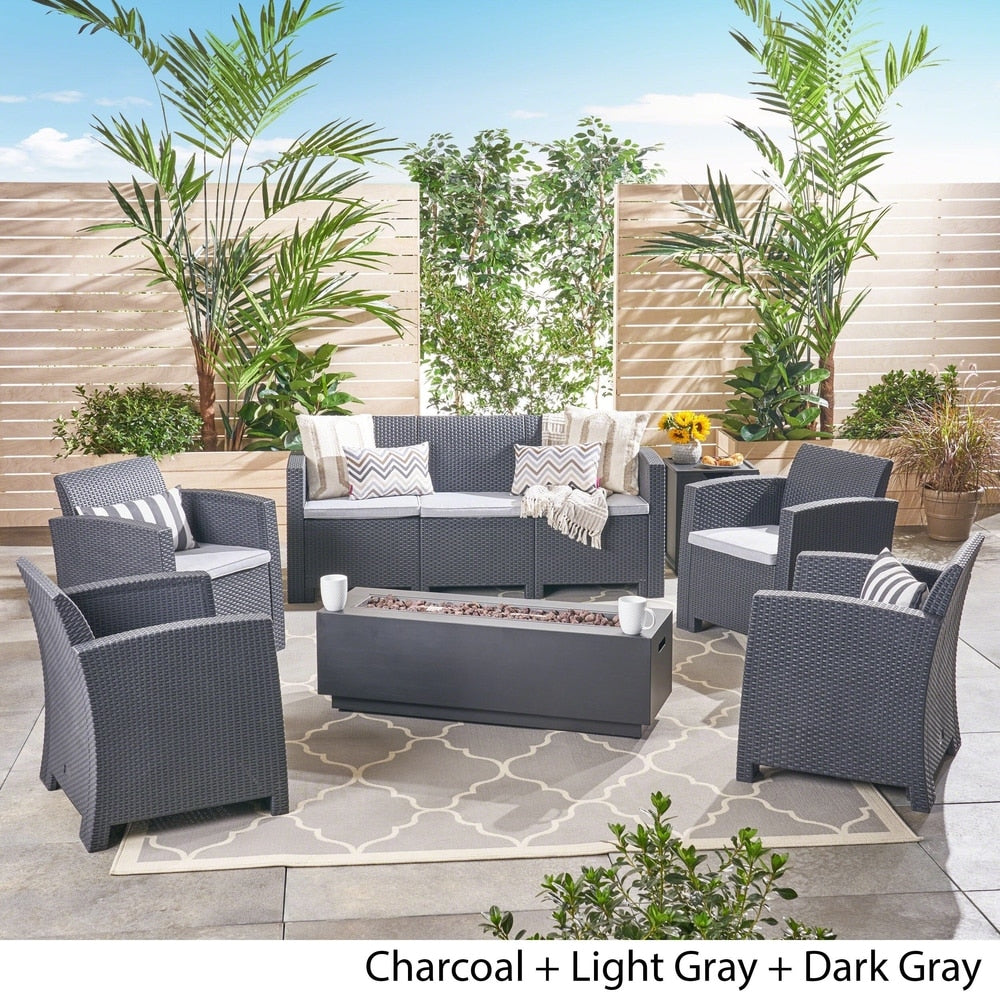 Rensing Outdoor 7-Seater Wicker Print Chat Set with Fire Pit and Tank Holder by Christopher Knight Home
