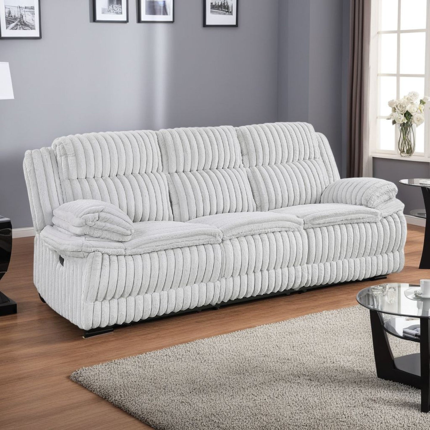 Rexy Manual Double Recliner Sofa, Textured Light Gray Corduroy 95 Inch