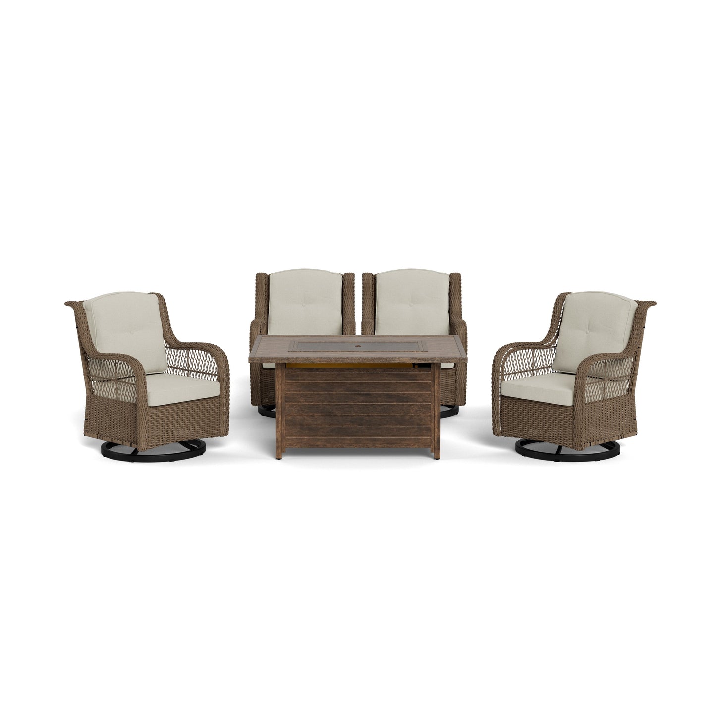 Rio Vista Sandstone Outdoor Wicker Seating Set with Fire Pit Table (5-Piece)