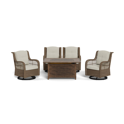 Rio Vista Sandstone Outdoor Wicker Seating Set with Fire Pit Table (5-Piece)