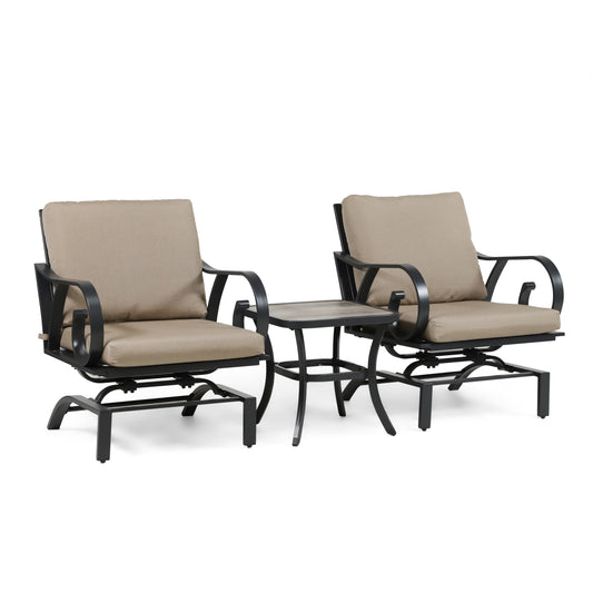 Ronley Transitional Brown Metal Padded Outdoor 3-Piece Patio Chairs with Cushion and Table Set