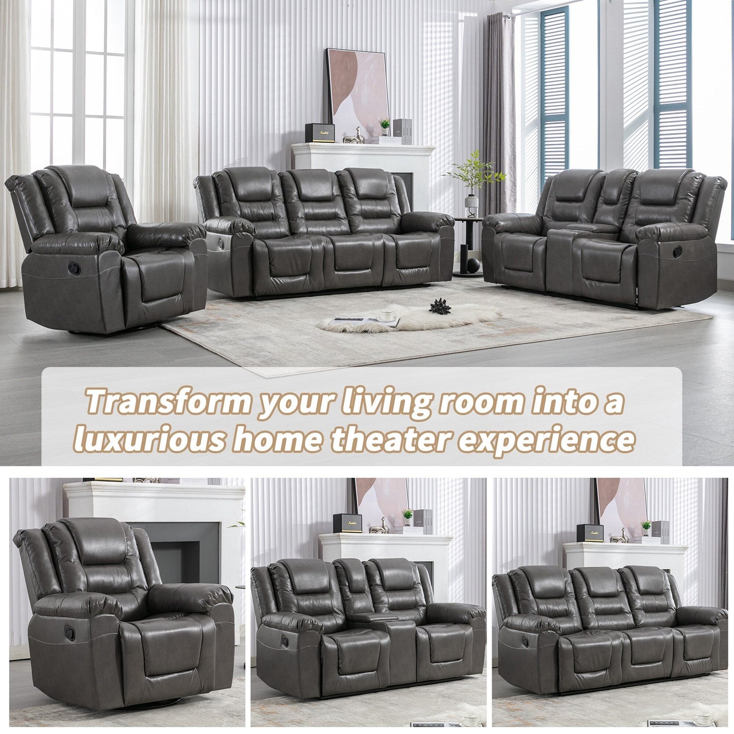 Roomfitters 2-Seater Manual Home Theater Recliner Chair with Storage Box and Cup Holders, Grey