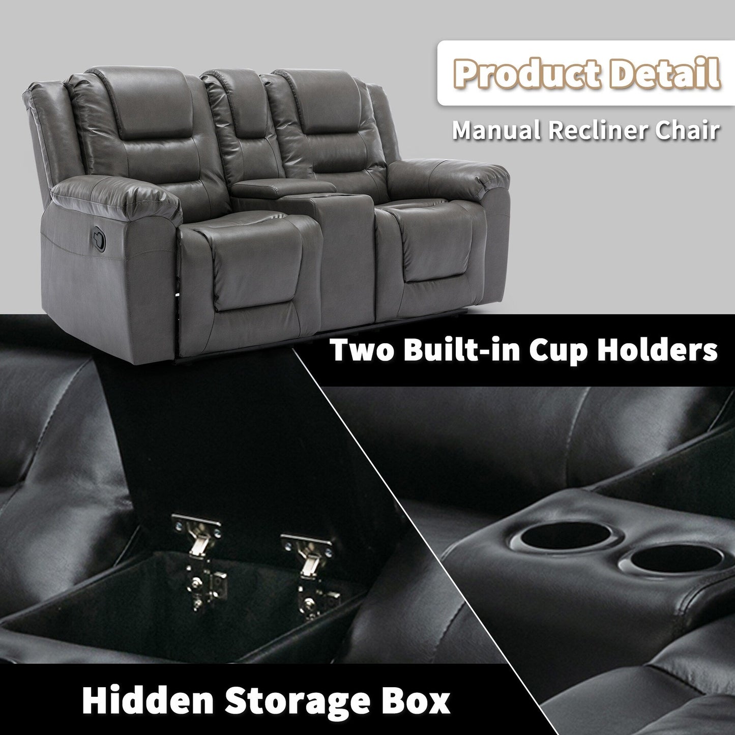 Roomfitters 2-Seater Manual Home Theater Recliner Chair with Storage Box and Cup Holders, Grey